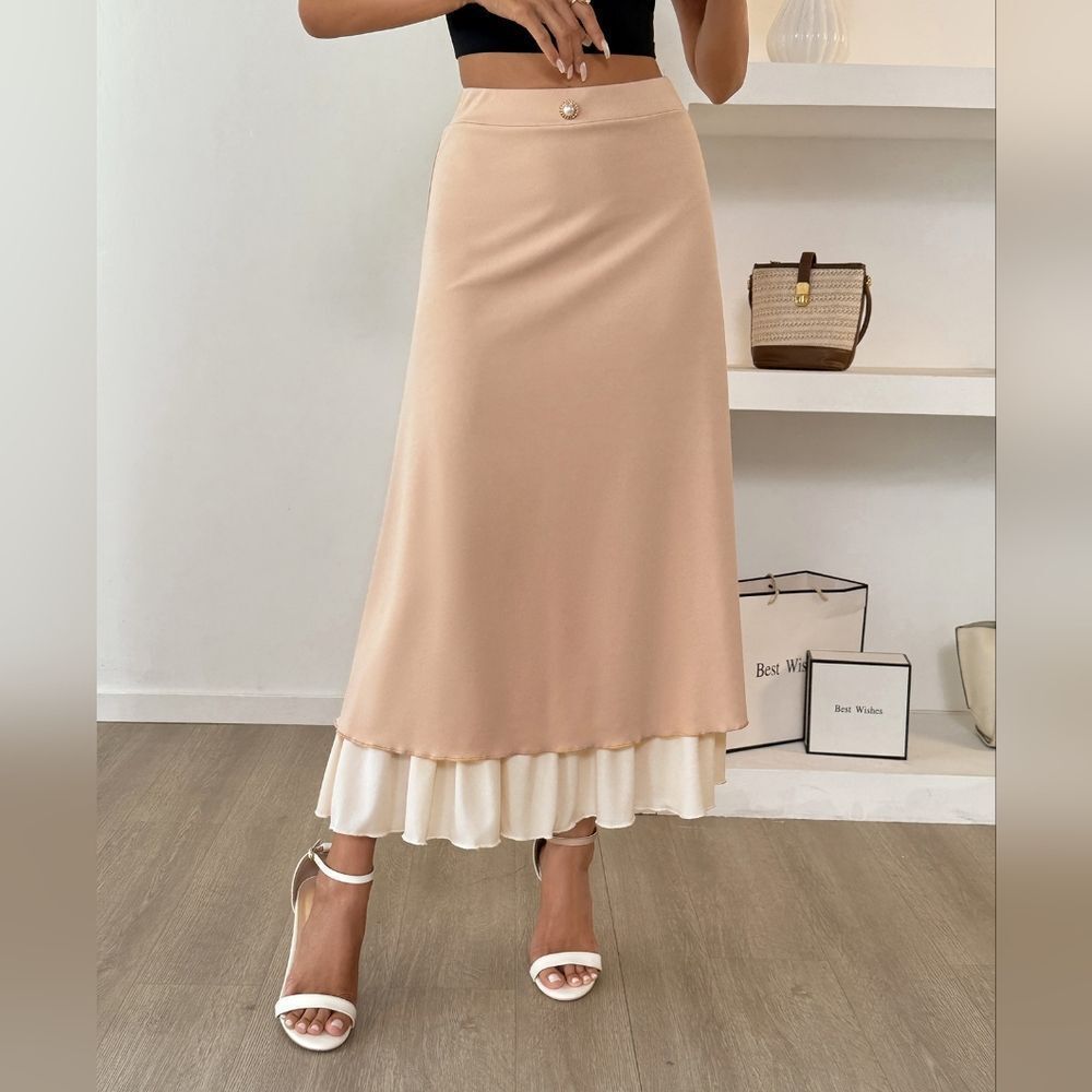 Layered Midi Skirt with Contrast Ruffle Hem Detail – Neutral Women's Casual